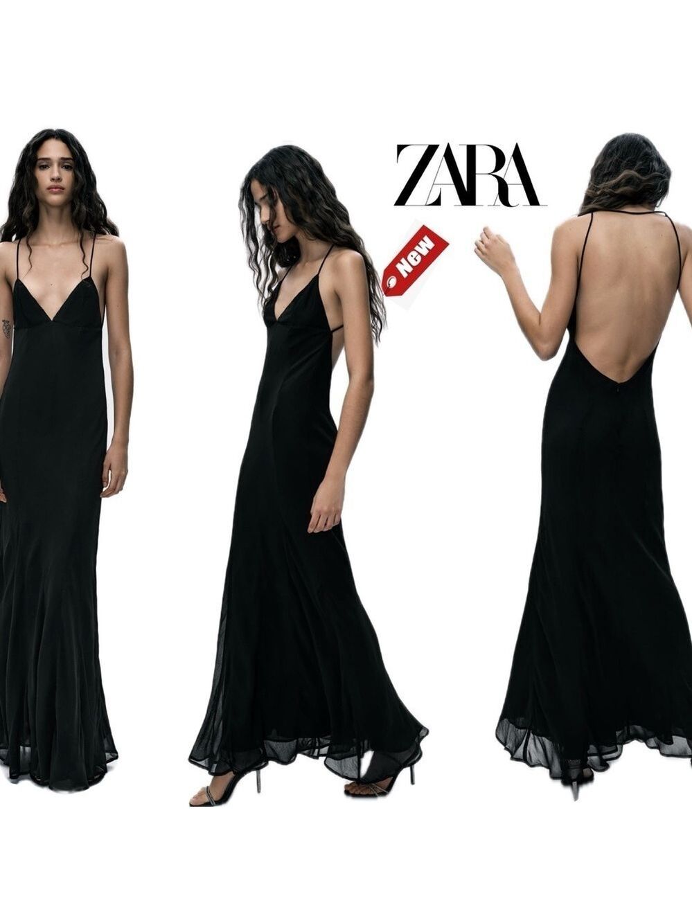 Zara black v-neck spaghetti strap long maxi dress Sz XL NWT